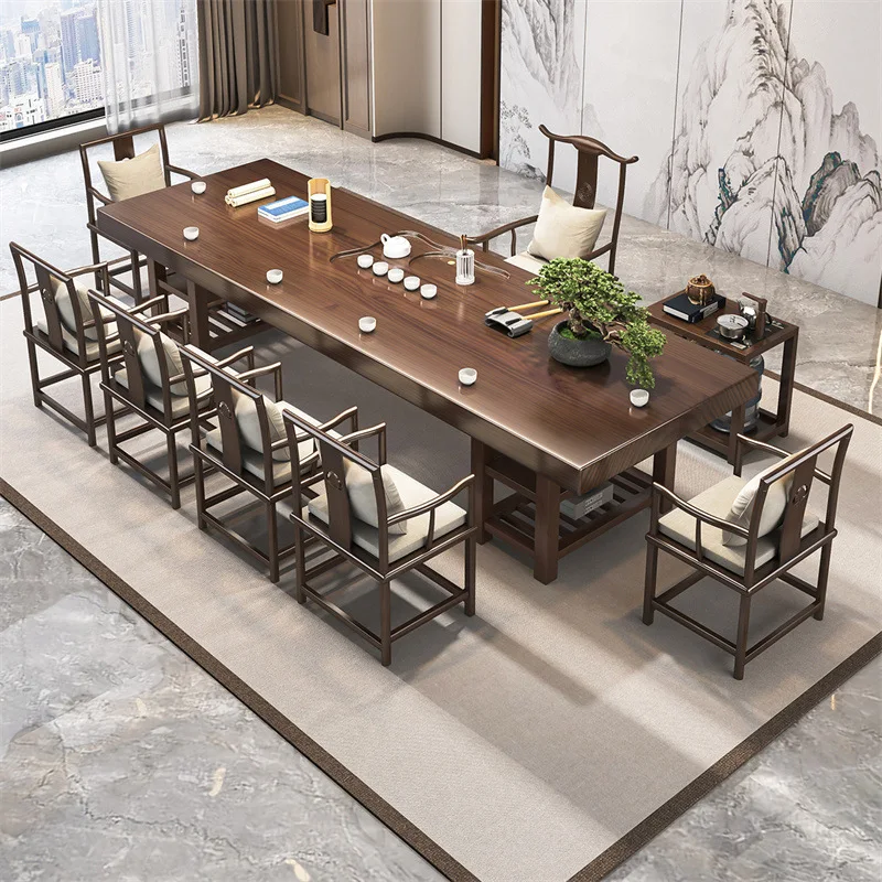 New Chinese solid wood tea table, one table and five chairs, home tea table, living room tea table
