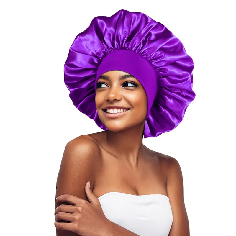 رباط شعر عالي المرونة للنساء بلون سادة من الساتان قبعة استحمام واسعة الحواف، قبعة العناية بالشعر الجمال للاستخدام اليومي بونيه من الساتان #6