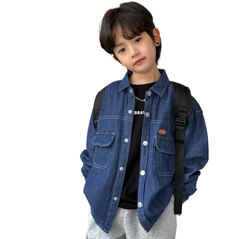 

Boys' shirt jacket 2024 spring new denim long sleeved shirt pure cotton single breasted children's top shirts blouse for girls