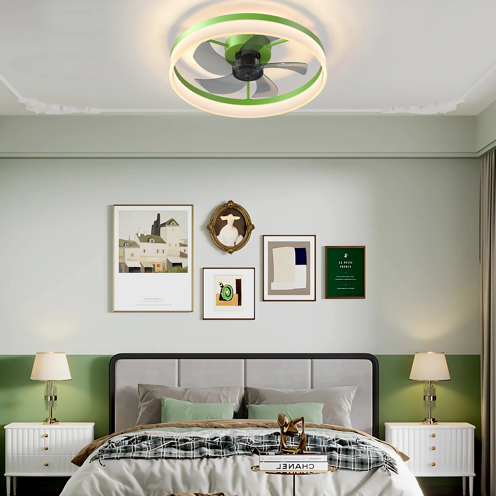 19.7 Inch Green Round Ceiling Fan Light with Dimmable Led Chandelier Slim Recessed Ceiling Fan for Bedroom Kids Room Living Room