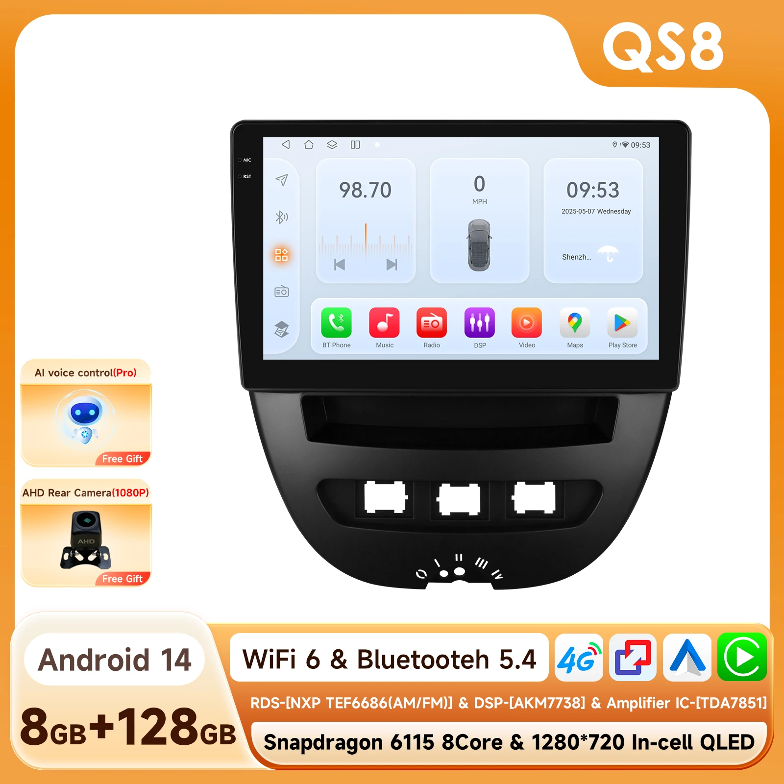 2din Carplay Android 14 Autoradio voor Peugeot 107 Toyota Aygo Citroen C1 2005-2014 Multimedia Speler 6115 Autoradio GPS 360 Camera