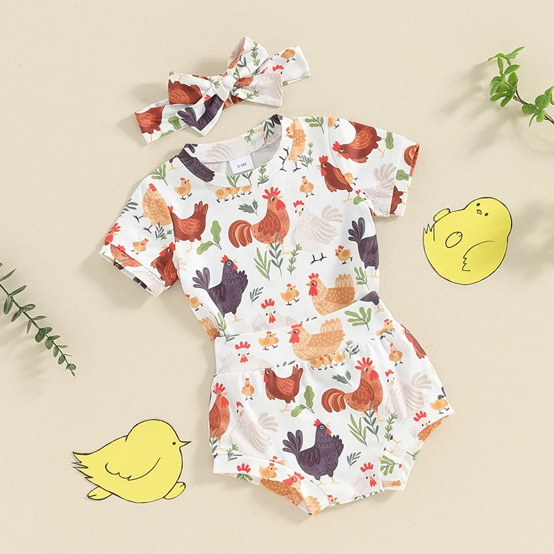 Newborn Baby Girl Summer Outfits Free Range Chicken Print Short Sleeve T Shirt Shorts Set Toddler Farm Clothes