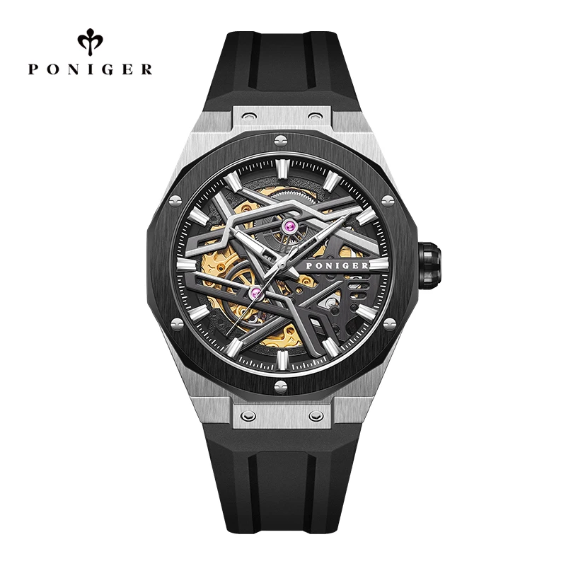 Poniger Men's Watch Stainless Steel Mechanical Automatic Skeleton Fashion Luxury Watches Rubber Band Waterproof Wrist