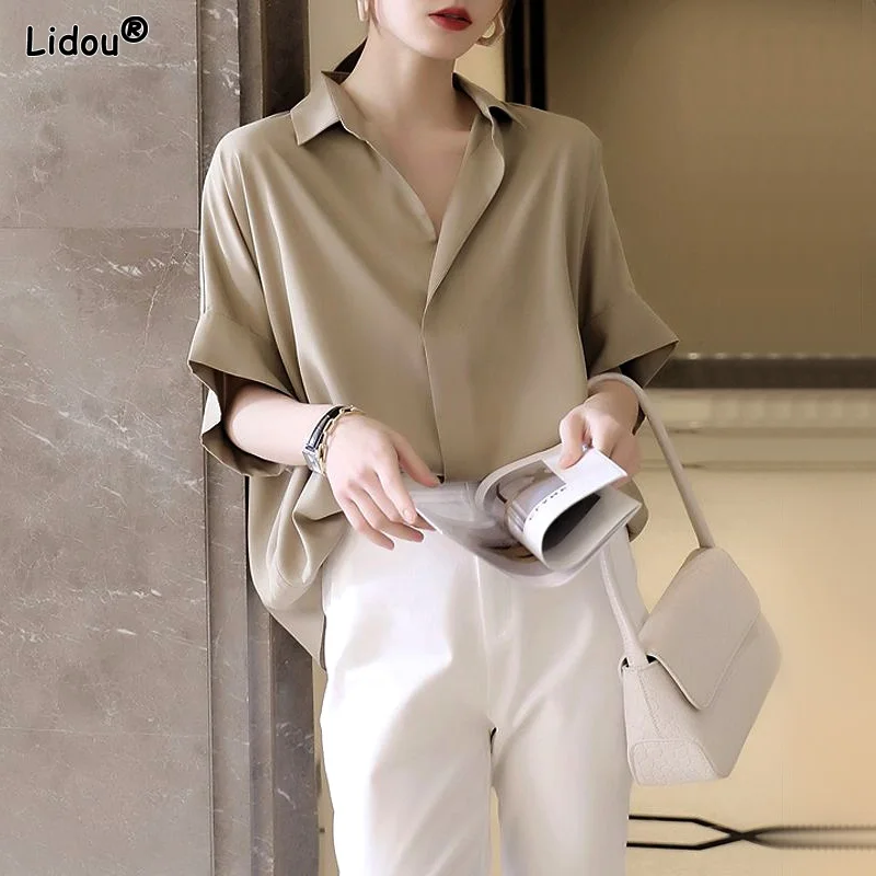 

2023 Women's Clothing Solid Premium Temperament Vintage Elegant Drop Shoulder Sleeve Thin Summer Loose Turn-down Collar T-Shirts
