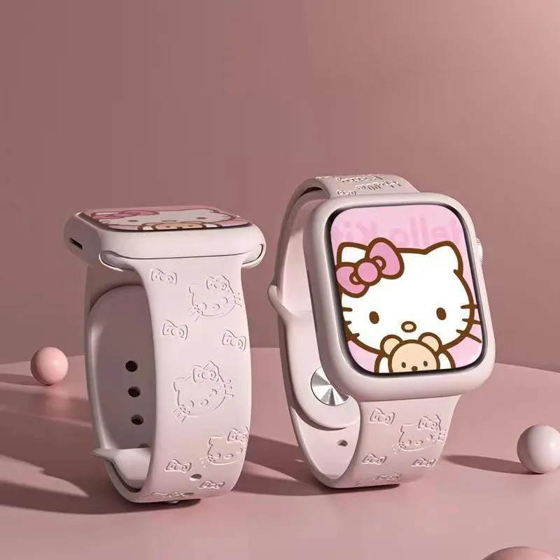 Sanrio Series Hello Kitty3D Engraving Printing Multicolor Kawaii Apple Silicone Replacement Watch Band Dial 2024 New Hot Sales