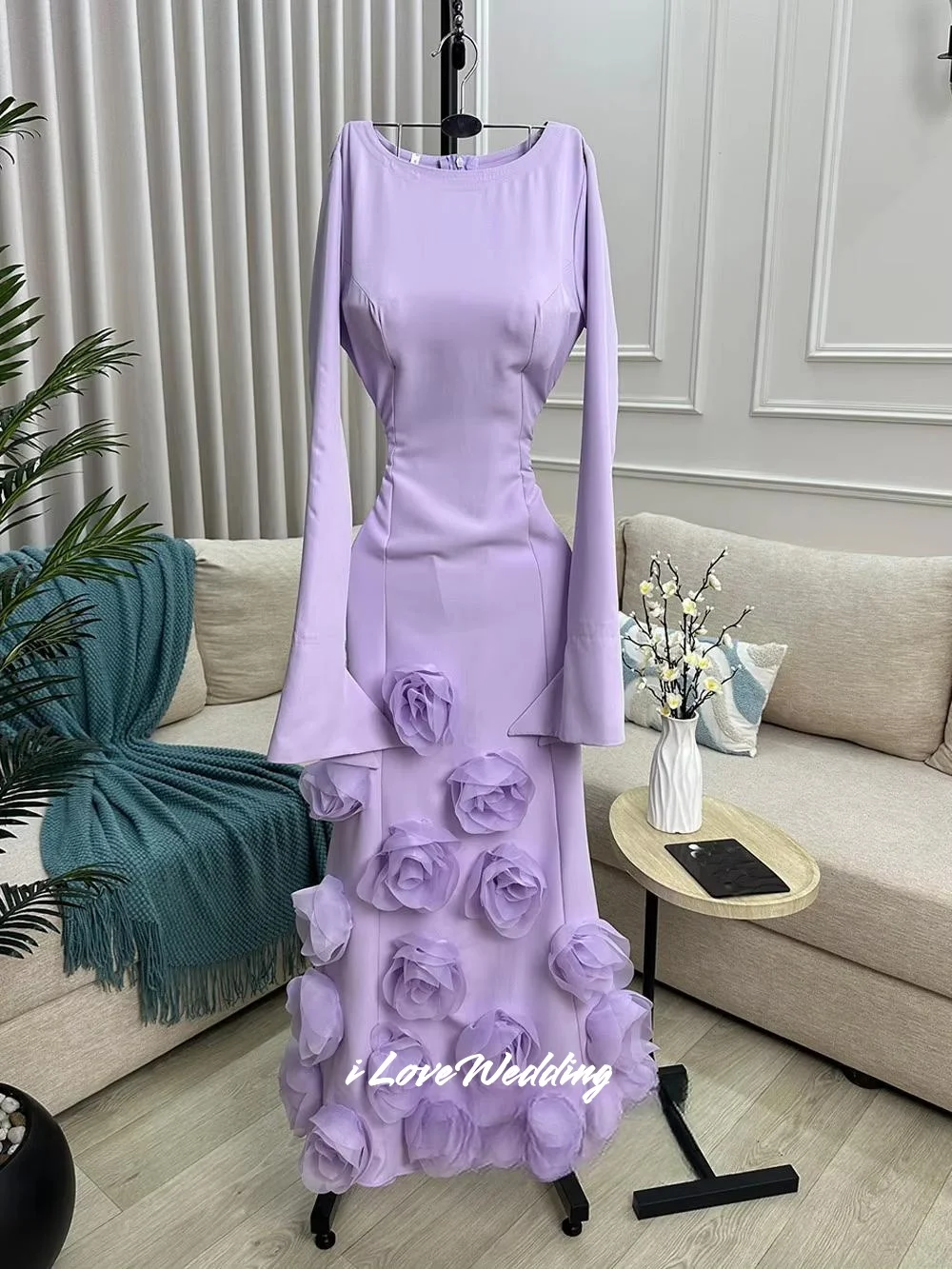 

Saudi Arabia Purple Prom Dresses Long Sleeve 3D Flower Beading Mermaid Sweep Train Party Dress Floor-length Pleated Customized