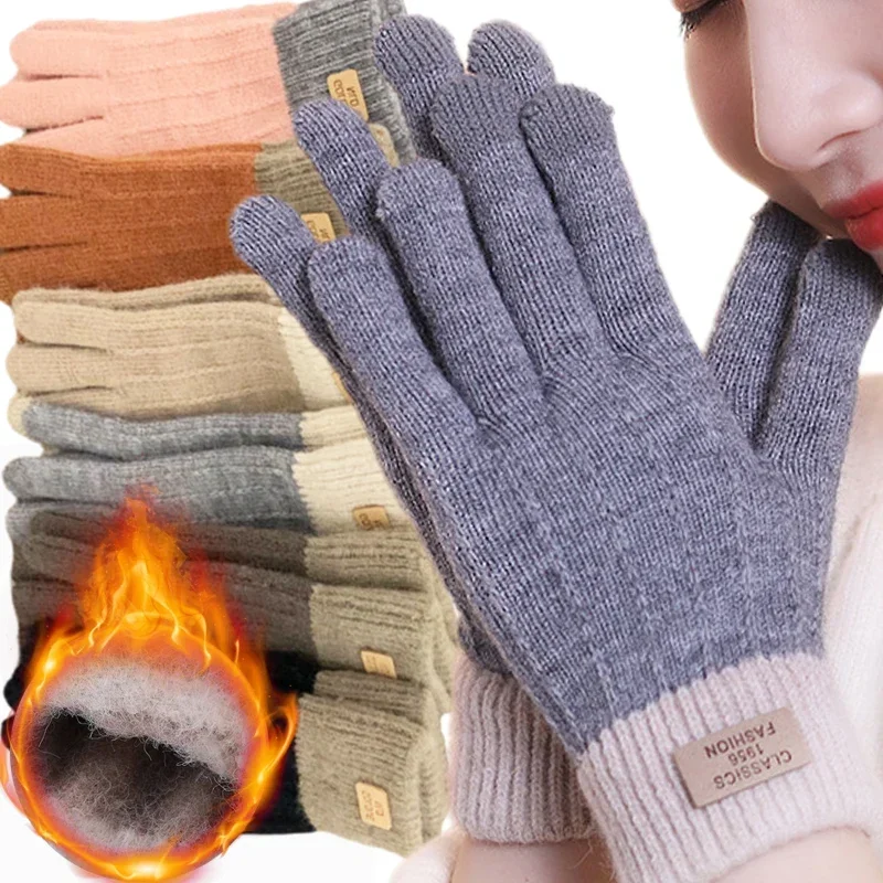 Warm Thick Plush Knitted Gloves Winter Touchscreen Plush Gloves Woman Thickening Fleece Thickened Cycling Driving Skiing Gloves