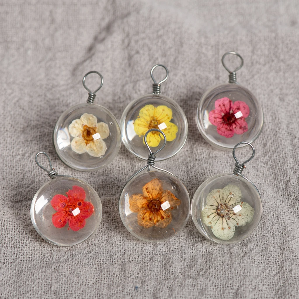 Mini Floral Glass Globe Charms with Loop 27X17X18mm Real Peach Blossom Beads for Handmade Jewelry Making 4PCS TCZ849F