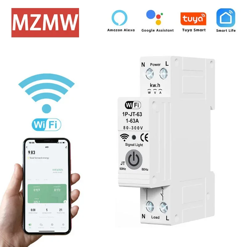 

TUYA 63A 1P+N WIFI Temperature Adjustable Smart Switch Overcurrent Overvoltage Undervoltage Protection Circuit Breaker Relay