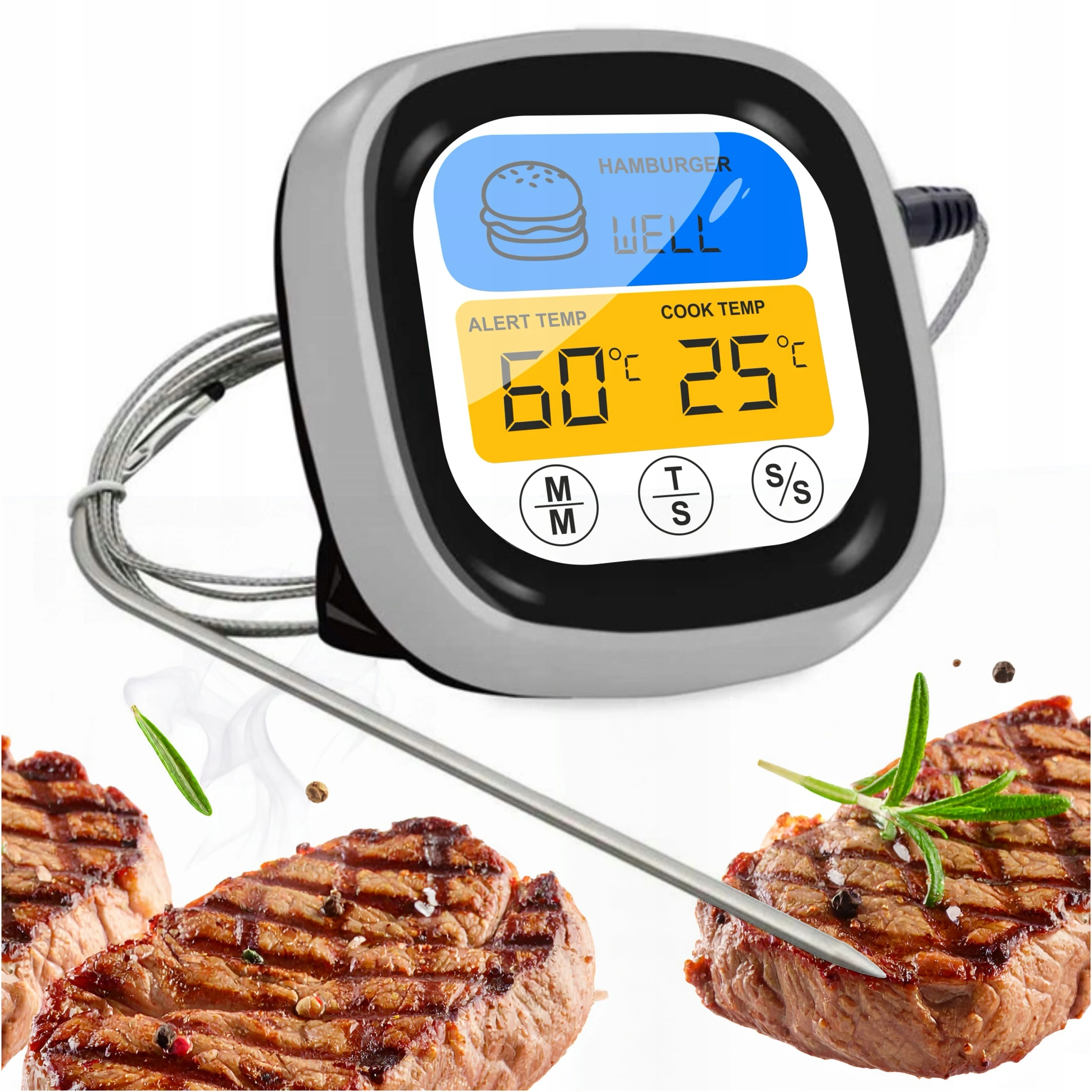 Thermomètre numérique de cuisine pour viande avec alarme et minuterie, écran LCD rétroéclairé, sonde pour four, grill, fumoir, barbecue, mesure de la température des aliments, 5 niveaux de cuisson, support magnétique pliable, plage de température Celsius/Fahrenheit jusqu'à 250°C, pour poisson, steak, volaille, cuisson, rôtissage, chef