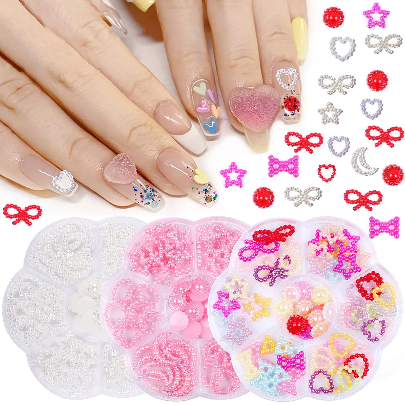 

7 Grid Plum Blossom Pearl Nail Charms Assortment Heart Bows Star Shaped White Pink 3d Nail Decoration Bulk Accessories Supply