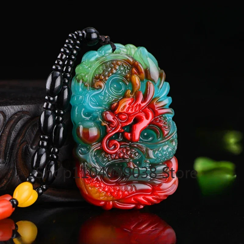 Hetian Jade Pendant Men's and Women's Jade Stone Necklace Colorful Jade Zodiac Dragon Golden Dragon Protector Dragon Tag Pendant