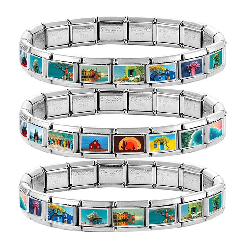 Hapilife New Y2K Spring Summer Scenery Sea Beach Ship Villa House Charm Italian Link Fit 9mm Bracelet Stainless Steel DIY Making