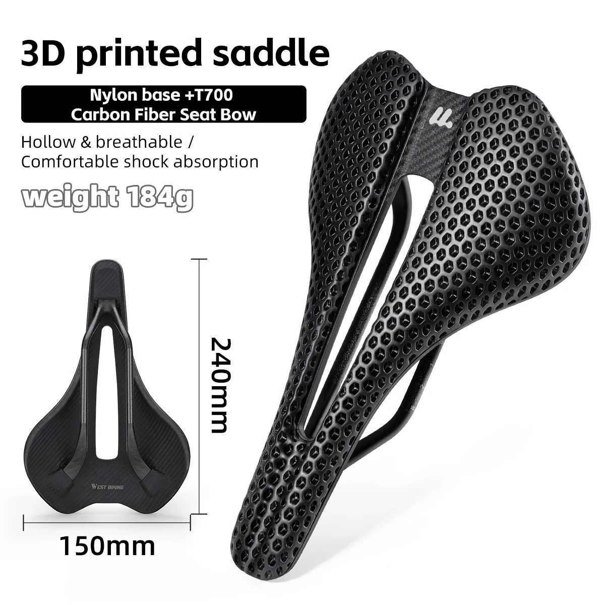 WEST BIKING 3D-geprint fietszadel T700 koolstofvezel/titaniumlegering/Cr-Mo zadelboog comfortkussen voor racefietsen 145/150 mm