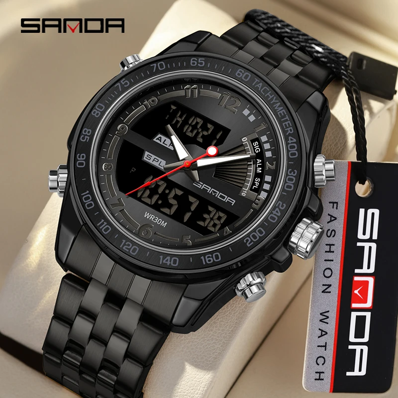 SANDA Business Men\'s Watch Stainless steel Double Display Quartz Watch Sports Waterproof LED Digital Electronics Wristwatch