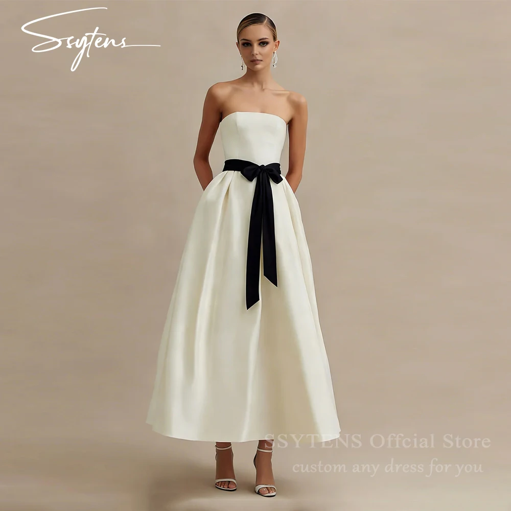 

SSYTENS Strapless White Wedding Dresses Black Belt Simple Satin A-line Bridal Gowns Women Formal Beach Bridal Dress Customized