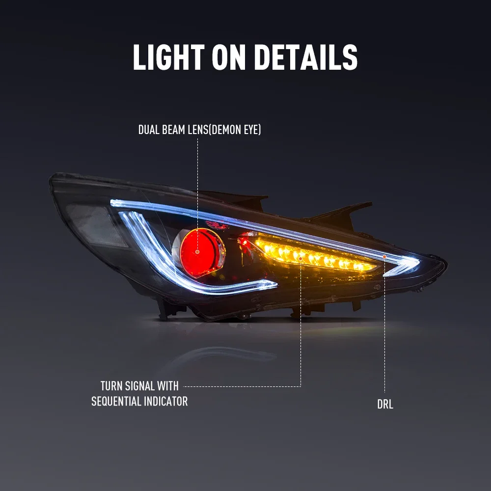 ชุดไฟหน้ารถยนต์ LED สำหรับ Hyundai Sonata ปี 2011-2014 ไฟหน้าด้านหน้าพร้อมไฟ DRL และไฟเลี้ยว แบบเสียบปลั๊กใช้งานได้ทันที