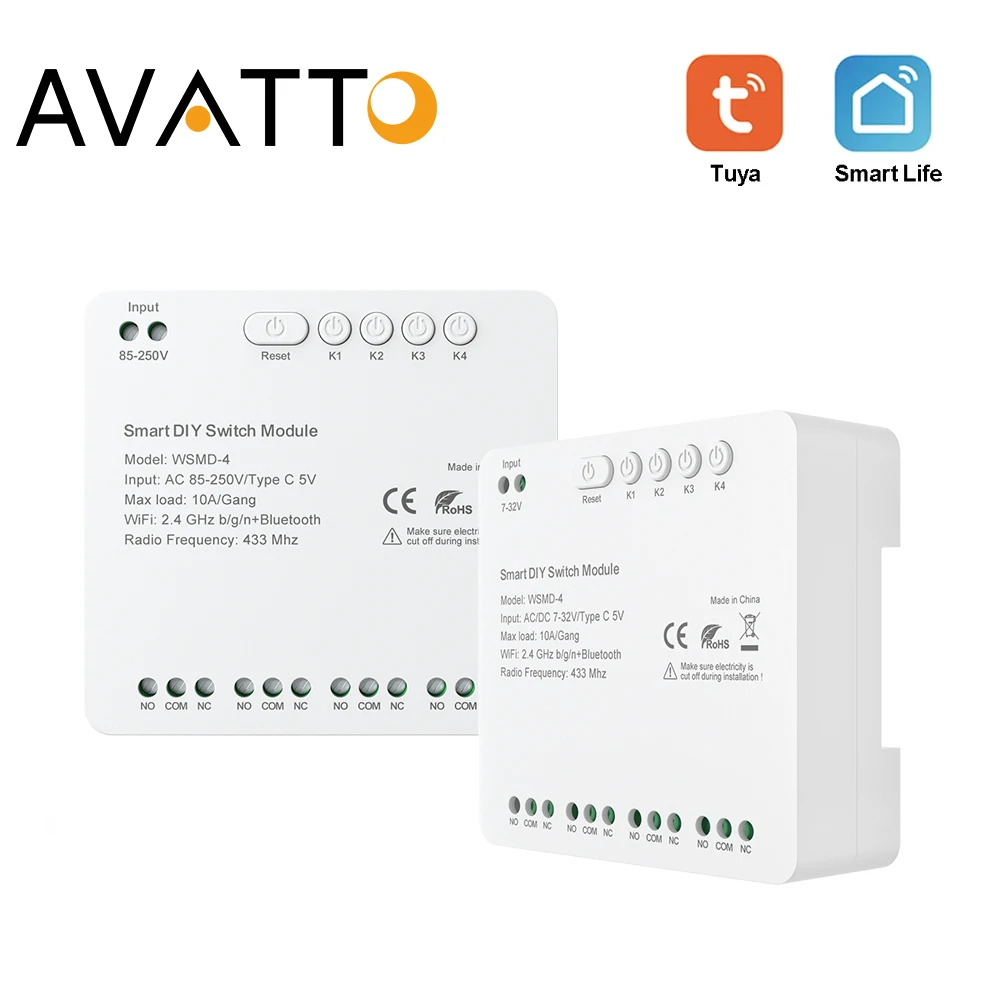 

AVATTO Tuya Smart 4 Channel Dry Contact Switch Module 85-250V Supports Compatible with Alexa Google Home