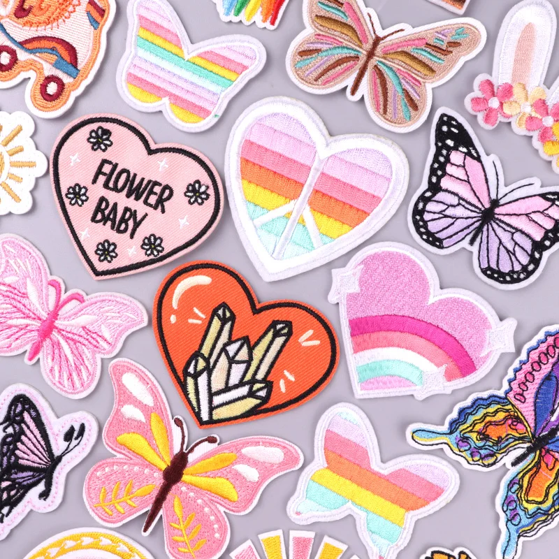 Sun Embroidery Patch Butterfly/Rainbow Iron On Patches For Clothing DIY Embroidered Patches On Clothes Backpack Sewing Stickers