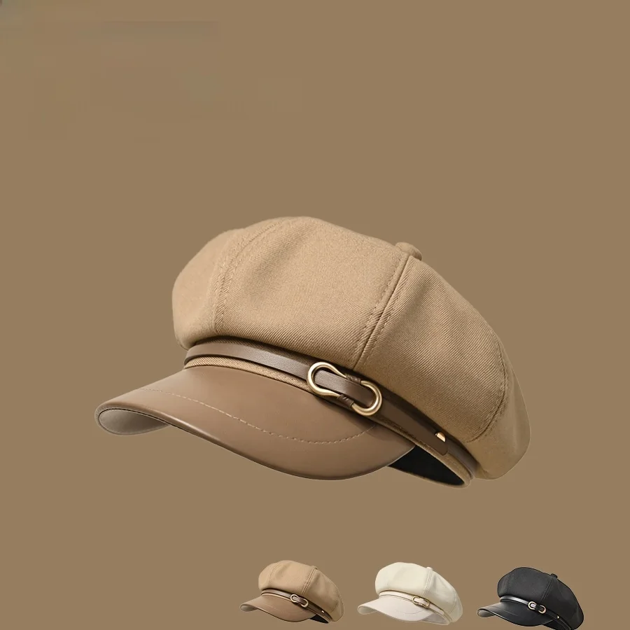 2025 New Sle Octagonal Beret Hat Women Spring Autumn Face Slimming Korean Sle Newsboy Hat Retro Leather Duckbill Painter Hat