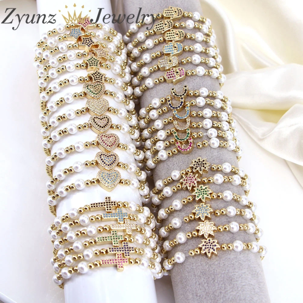 

5PCS, Fashion Zircon Star Heart Cross Hamsa Hand Charm Pearl Shell Beads Bracelet For Women Jewelry Summer Beach Style