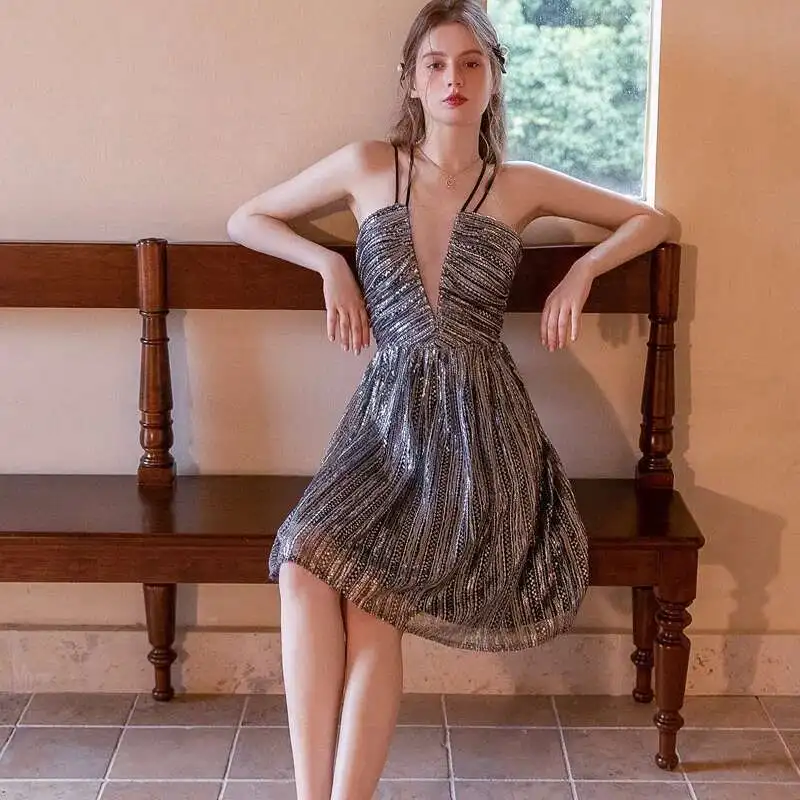 Abendessen, Hochzeit, Party, Pailletten, schmale Passform, 1920er-Kleid, sexy Nachtclub-Hosenträger, Brautjungfern-Minikleid-Host
