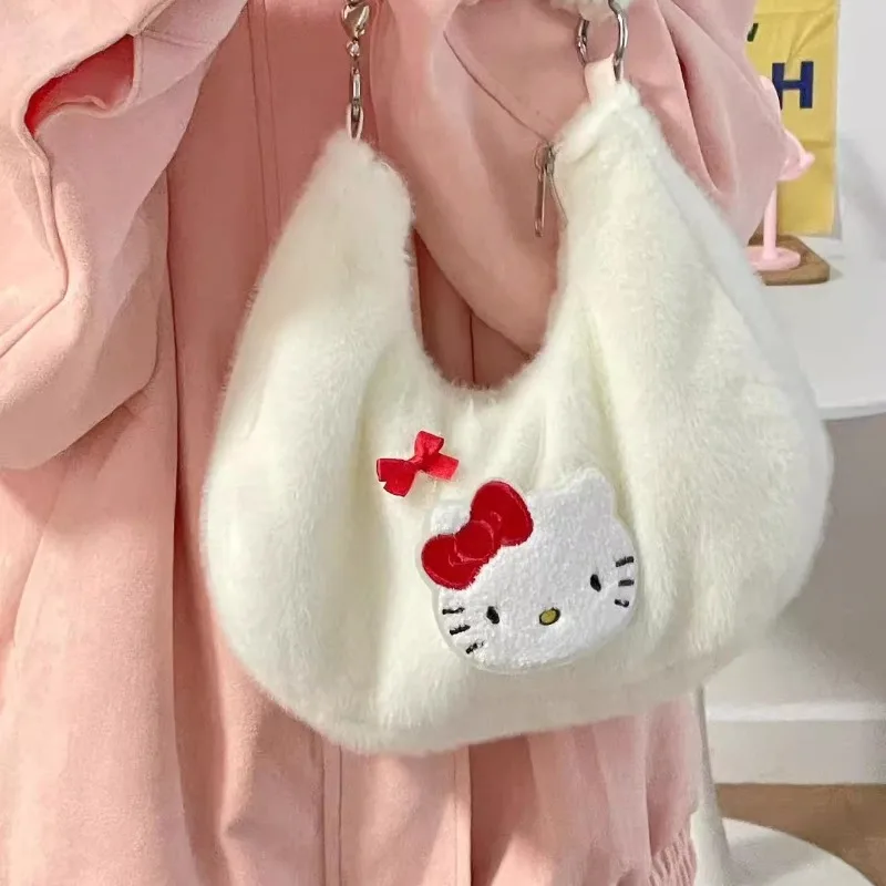 MBTI-Bolsos de hombro de Hello Kitty para mujer, bolso de mano de felpa blanca, bonito y dulce, Y2k, bolsos estéticos originales, 2024