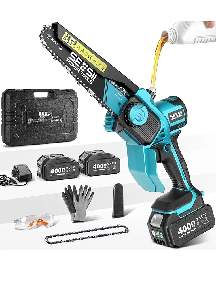 SEESII 6&8'' Akku-Elektrokettensäge mit bürstenlosem Motor, Mini-Kettensäge, wiederaufladbar, für Holzarbeiten und Gartenpflege, mit 2×4000mAh Akkus, Kettenspannung und werkzeuglosem Schmierverfahren
