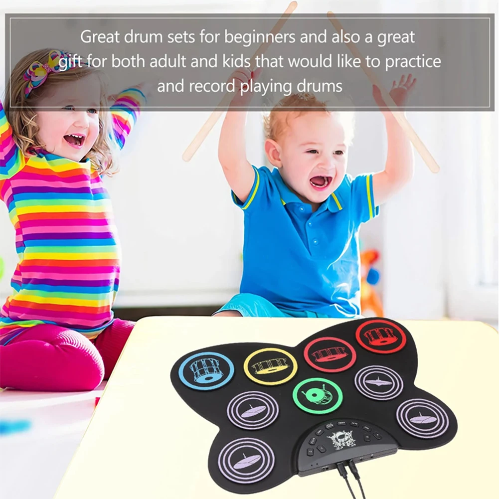 Roll Up Drum Practice Pad 9 Pads Tabletop Drum Set Pedal Controller USB Touch Sensitivity Great Holiday Birthday Gift for Kids