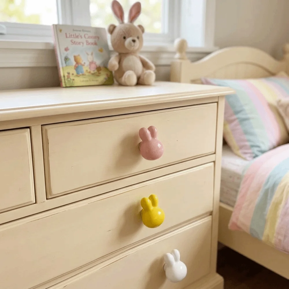 Single Hole Ceramic Drawer Knobs Solid Metal Thread Rounded Soft Edges Cartoon Furniture Handles Smooth Glossy Ceramic