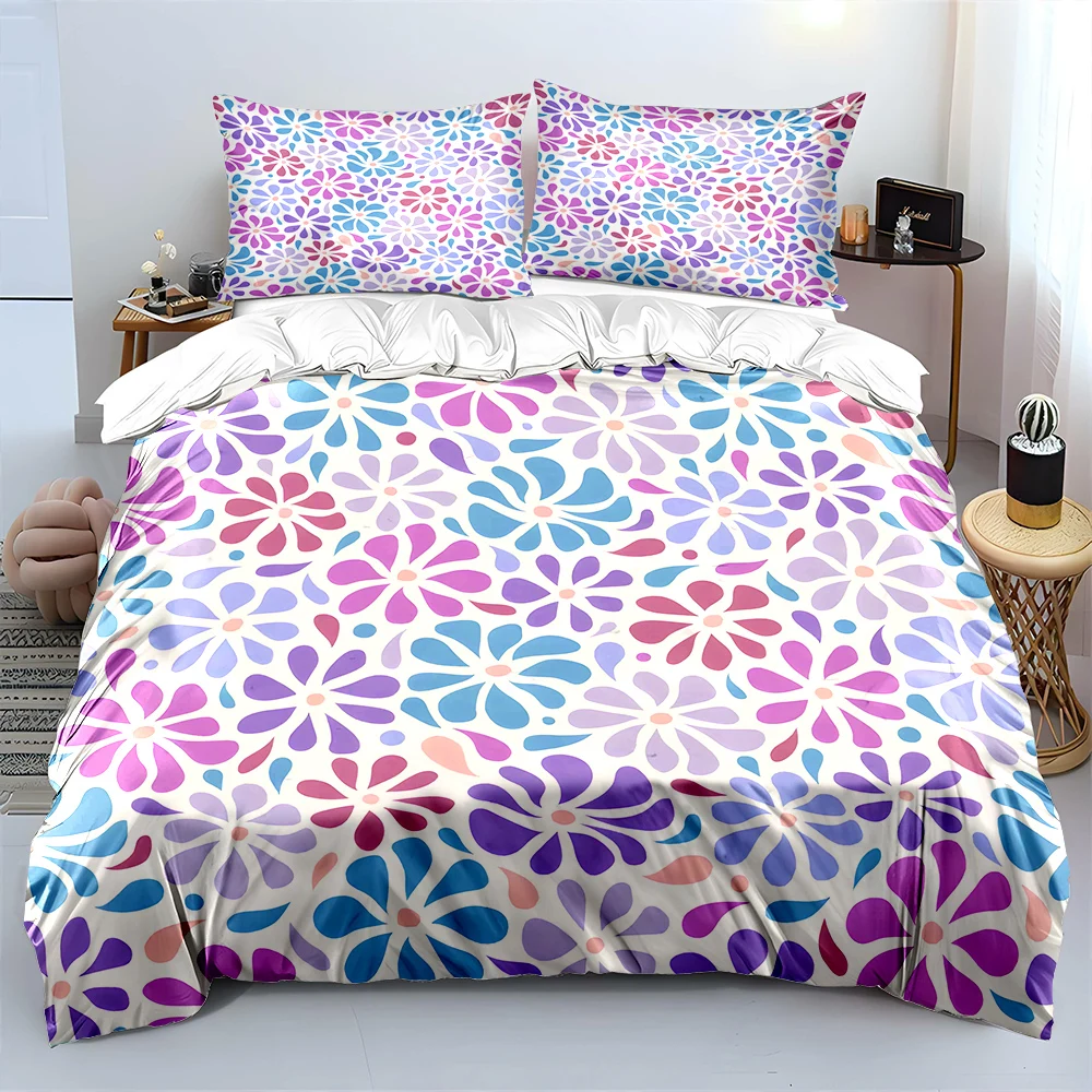 Buntes Bettwäsche-Set mit Blumenmuster-Hintergrunddruck, 1 Bettbezug, 2 Kissenbezüge für Erwachsene und Kinder, Luxus-Geschenk, volle Größe