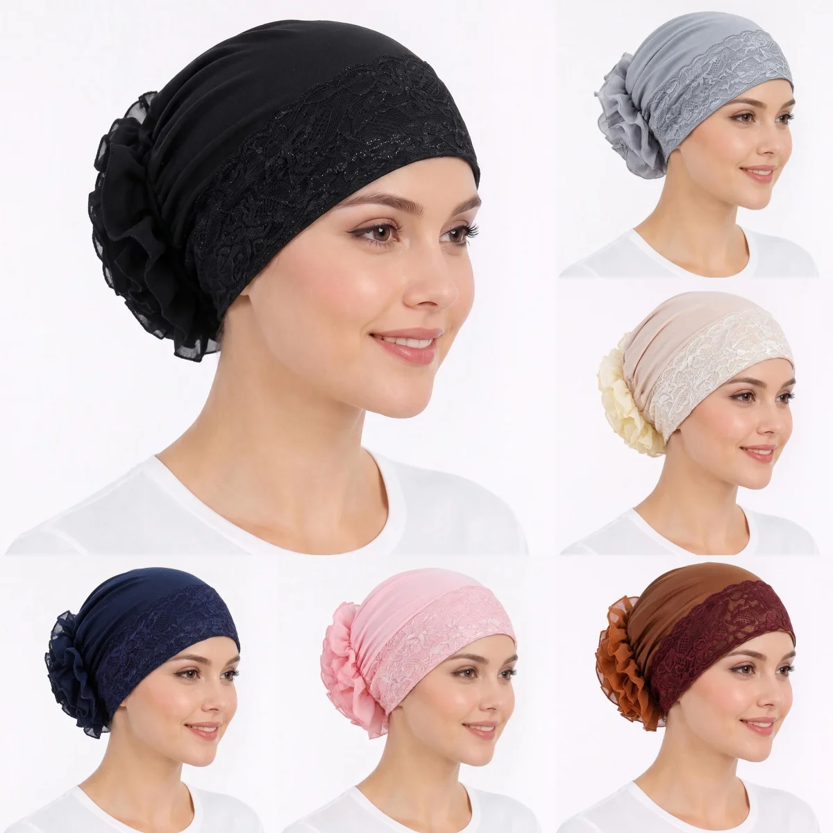 Large Flowers Lace Head Scarf Turban Hat For Women Elegant Hijabs Soft Lightweight Ruffle Design Multicolor Chemo Headwear