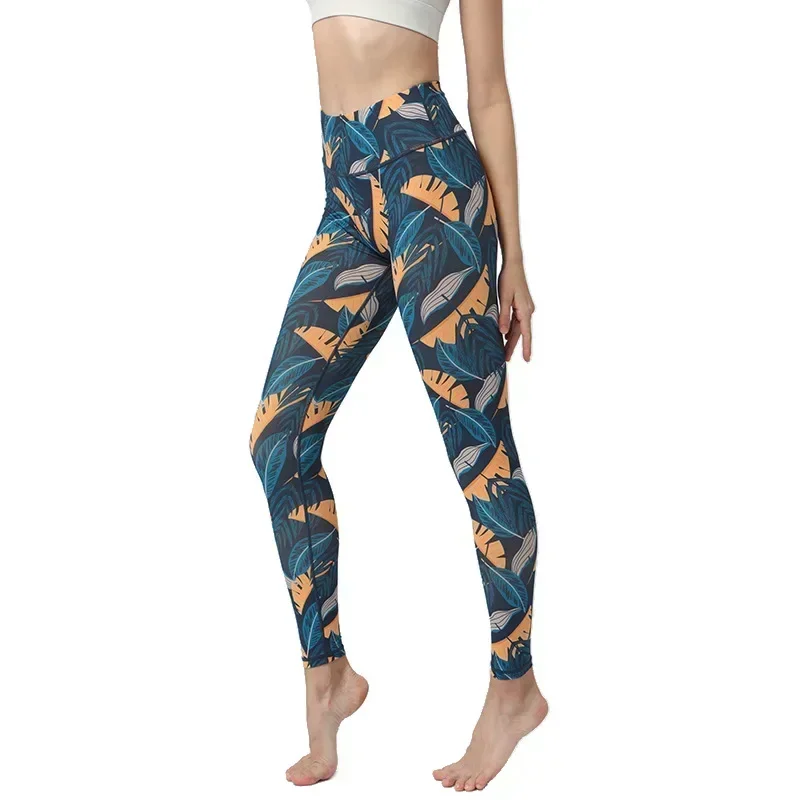 Ladies New Leaf Printed Sports Leggings for Women Slim Fit Butt Lift High Waist Fitness Dancing Pant Casual Outwear 8Z