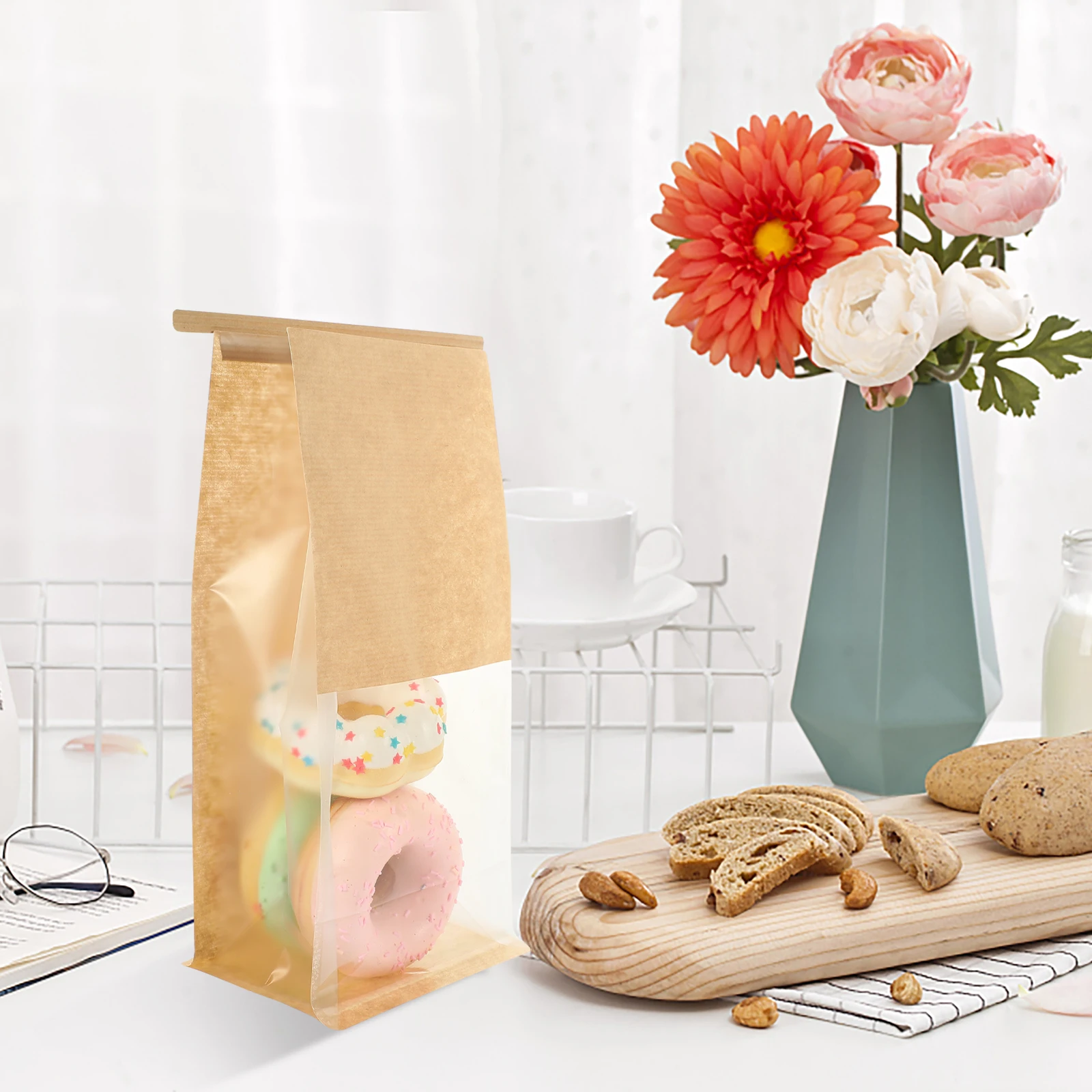 

50Pcs Kraft Paper Bread Bags with Clear Window Reusable Bread Wrapping Bags for Bakery Cookies Pastries Packaging