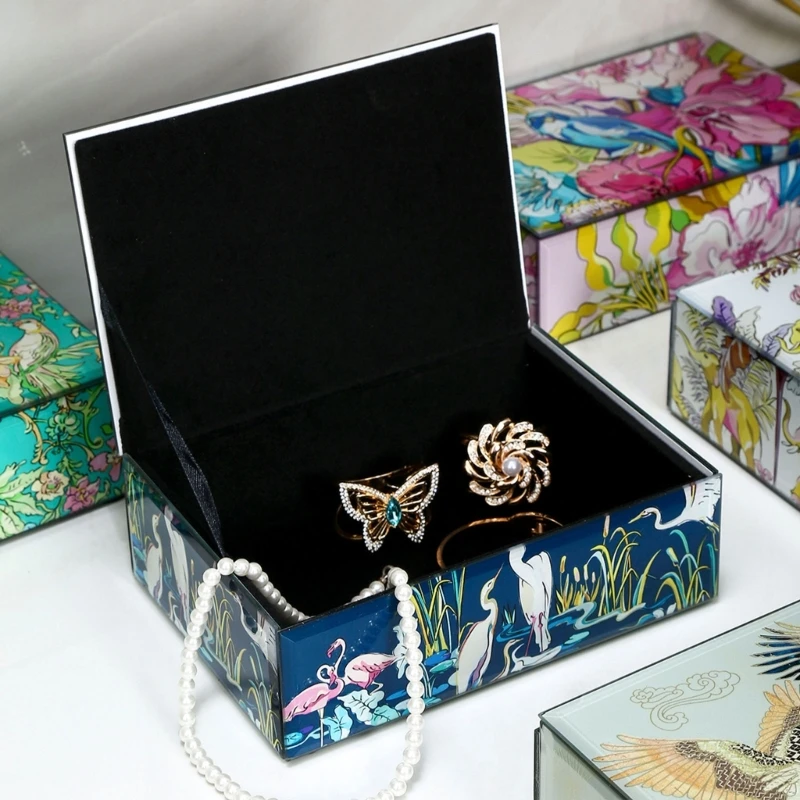 Artistic Glass Paintings Jewelry Container Portable Glass Jewelry Display Box with Multiple Compartments for Accessories