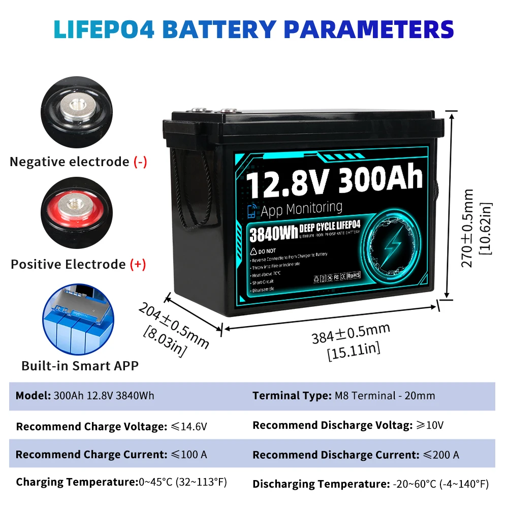 US Stock Lifepo4 12V 300AH Battery with 4S 200A BT BMS 8000+ Cycles Rechargeable LFP Cell Pack For Motors Trailers Home Energy