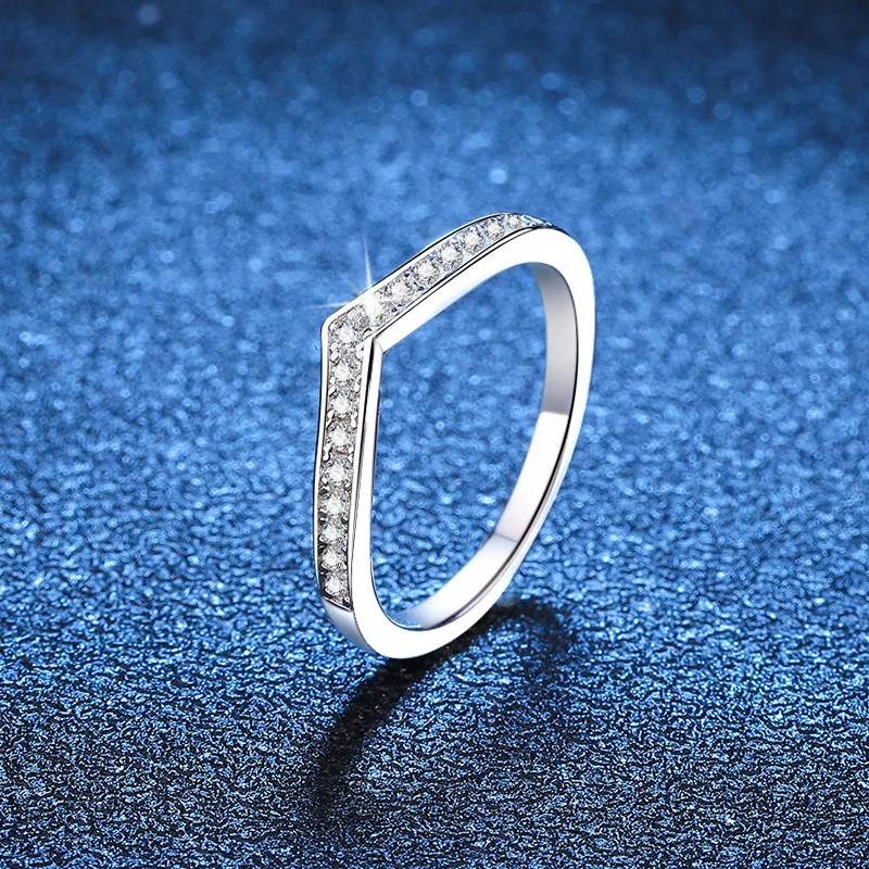 S925 Sterling Silver Ring Women's Korean-Style V-Shaped Ring Full Inlaid Moissanite D Color Ring Stackable Ring Wedding Artifics