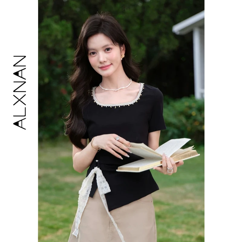 

ALXNAN Black T-shirt Lace Trim Square Neck Pleated Lace Bow T-shirts 2026 Summer New Elegant Short Sleeve Tops Ladies DYL662752