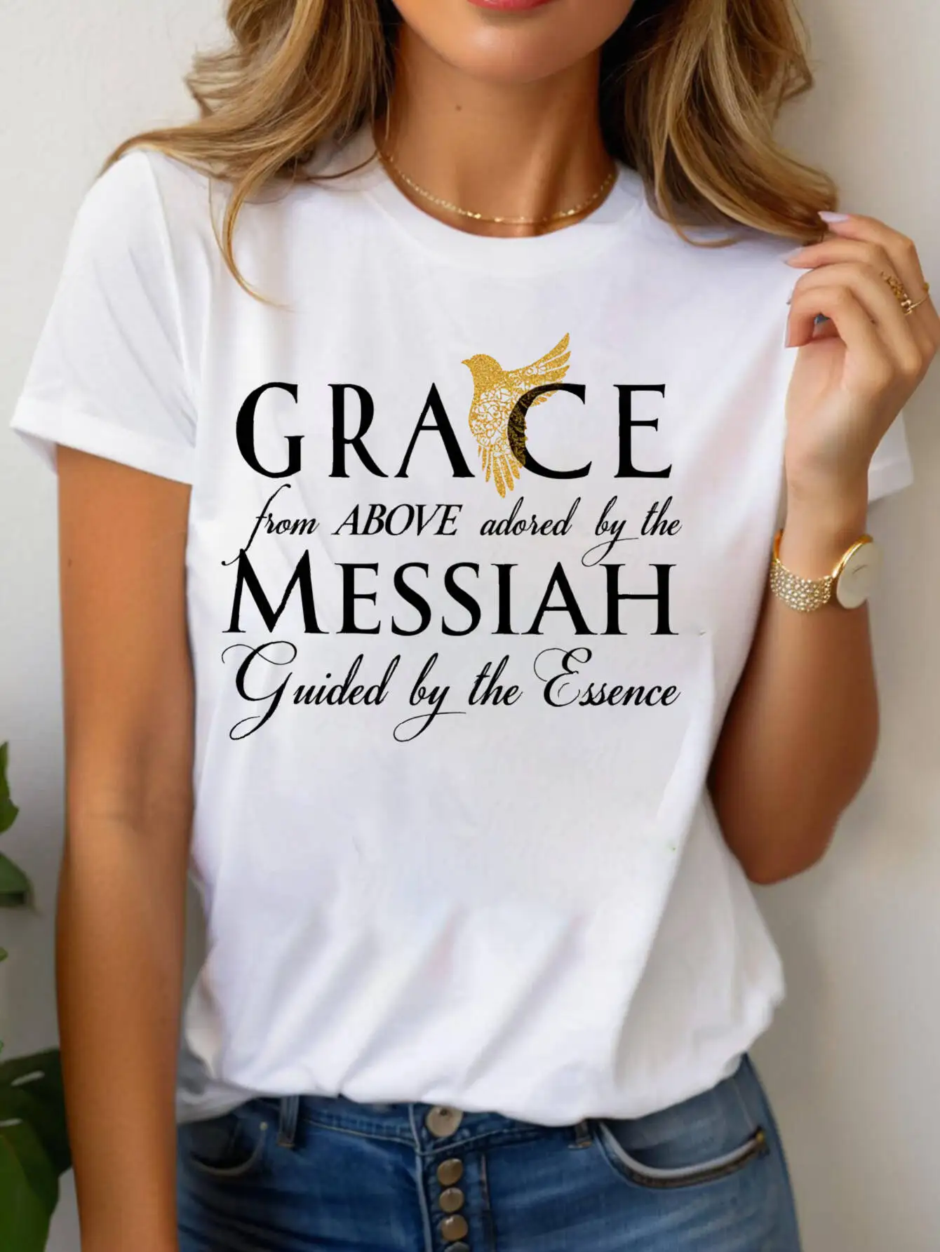 Grace From Above Adored Messiah Guided By The Essence Women's T-Shirt Religious Inspirational Print Fit tops tee female tshirt