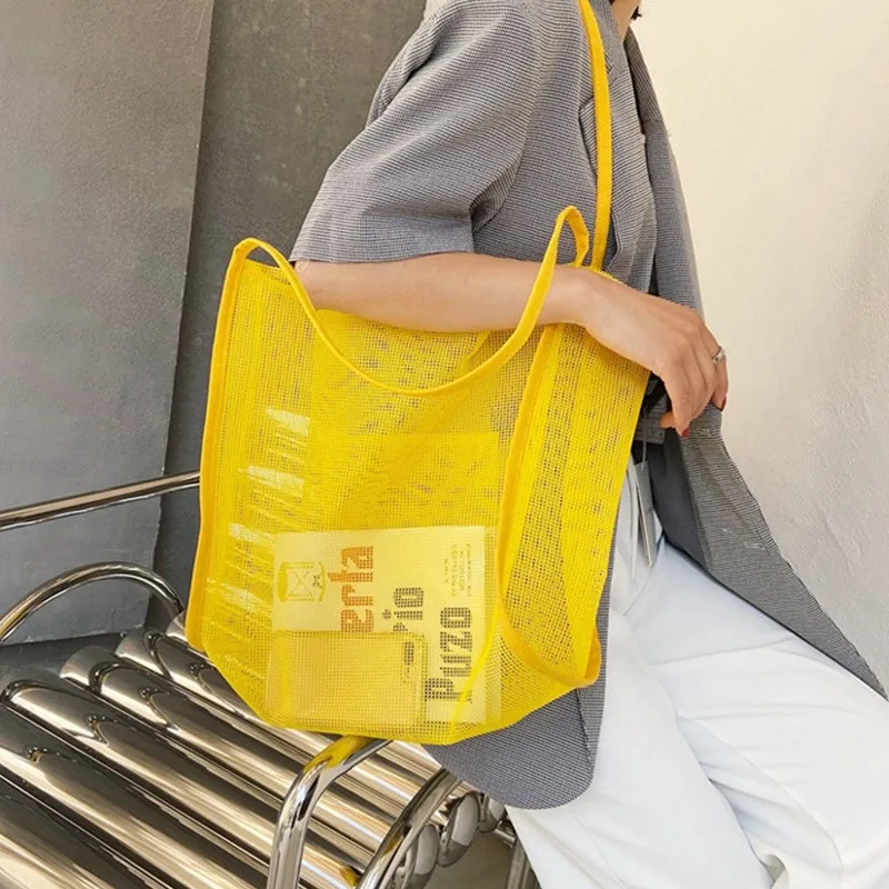 Women Mesh Beach Travel Shoulder Bag Large Capacity Casual Totes for Holding Toys Grocery Picnic Ladies Handbag Shopping Bag