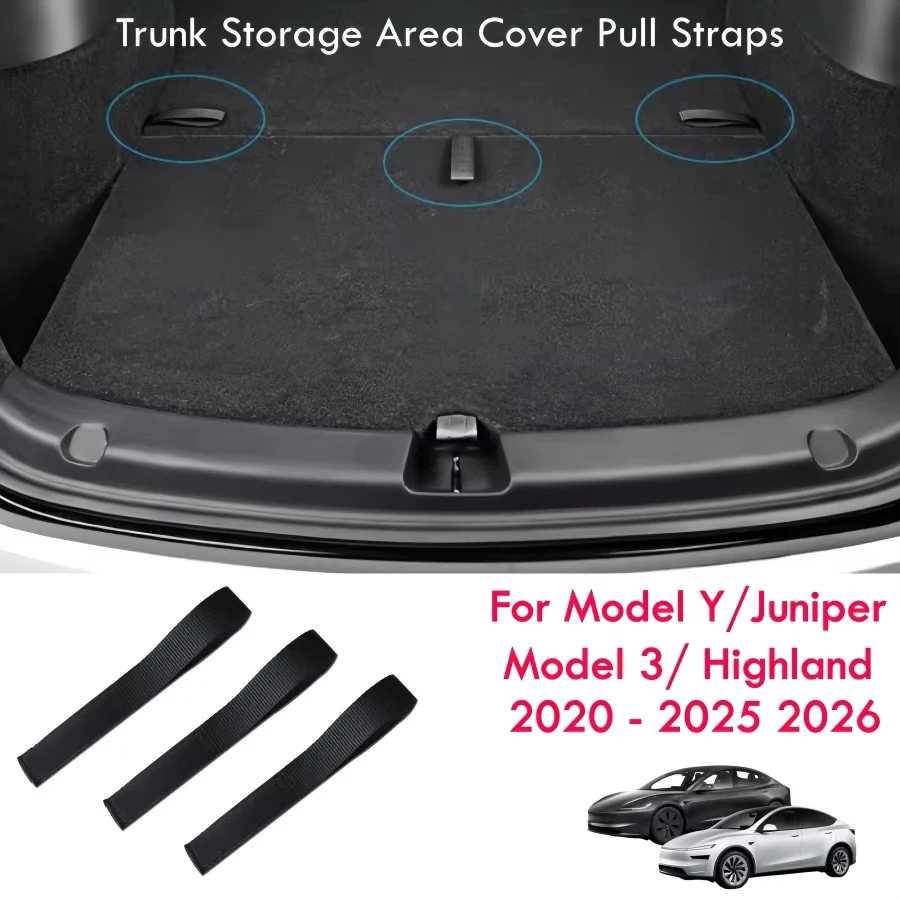 3PCS Trunk Storage Area Cover Pull Straps For Tesla Model Y / Juniper Model 3 / Highland 2020-2026 Black Rope StrapsInterior