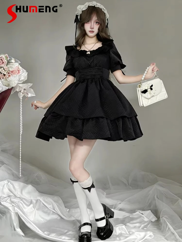 

Original Elegant Sweet Princess Summer Short Dress Ruffled Crew Neck Short Sleeve Bow High Waist Daily Lolita Black Dress Women