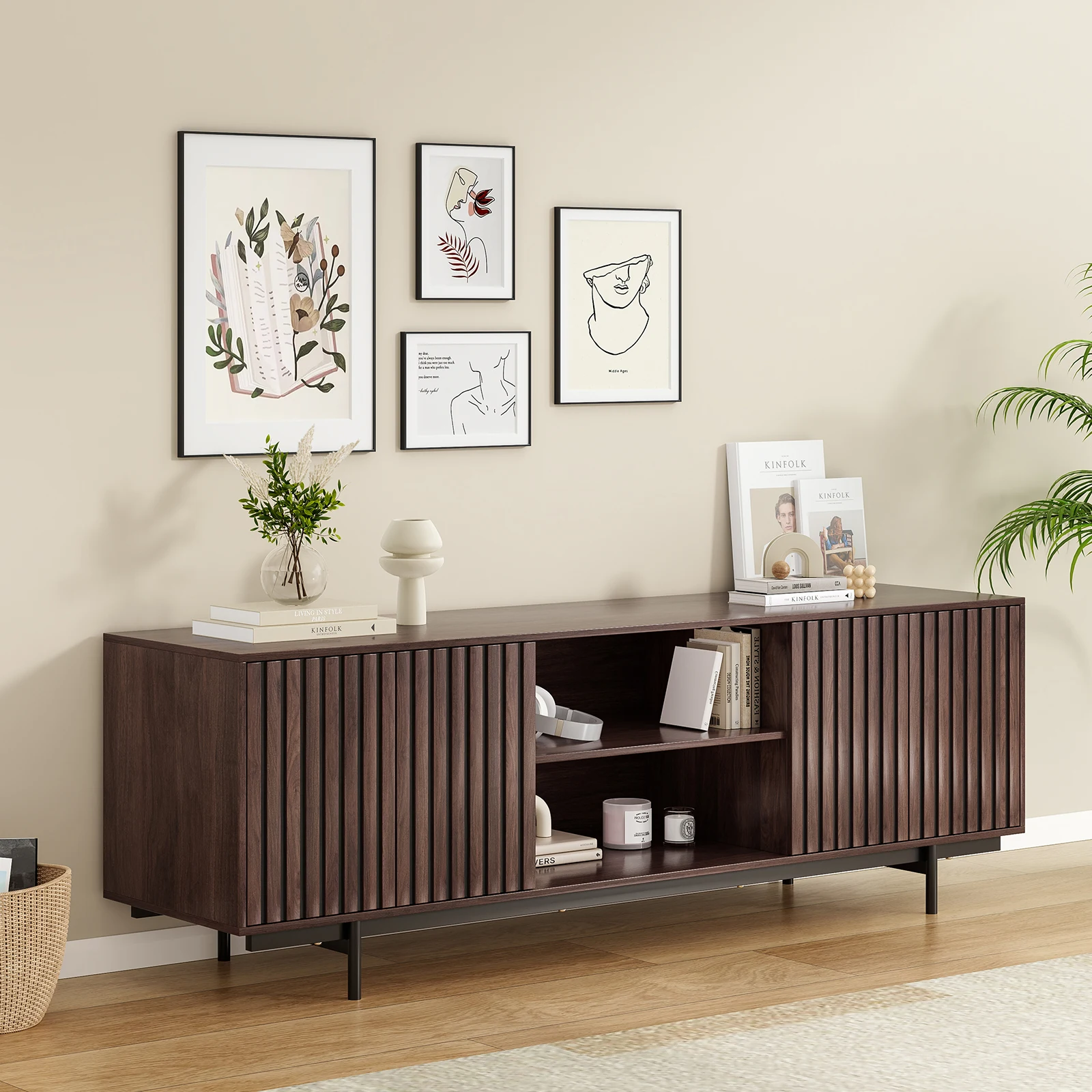 

Тумба под телевизор в стиле Mid-Century Modern для телевизоров до 75 дюймов, деревенская тумба с рифленой отделкой, ретро-тумба из дерева с местом для хранения и полкой