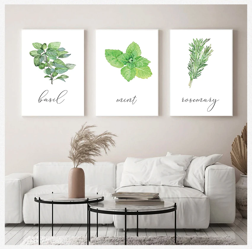 Decor , Green Plant Rosemary Pictures Botanical Wall Art Canvas Painting Watercolor Herbs Basil Mint Posters and Prints Kitchen