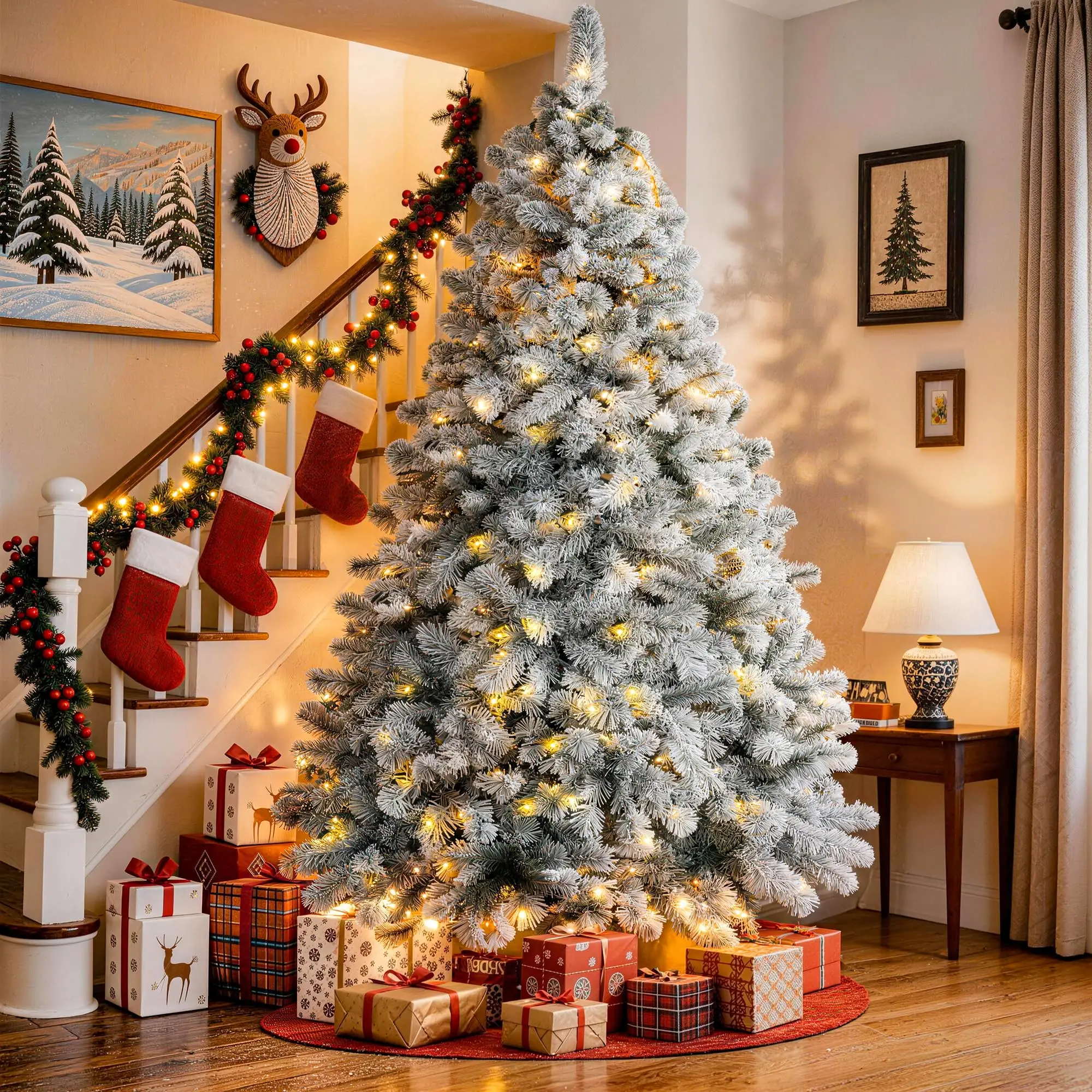 6ft Snow Flocked Pre-Lit Tree with 250 Adjustable Multicolor Lights, 900 Lush Branch Tips, Quick-Assembly Hinged