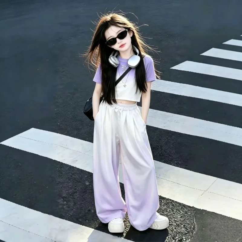 UNITIM Children Girls 2PCS Clothes Set Summer Gradient 4-14Y Kids Girl Short Sleeve Tee Sweet Junior Girls Wide Leg Pants Outfit