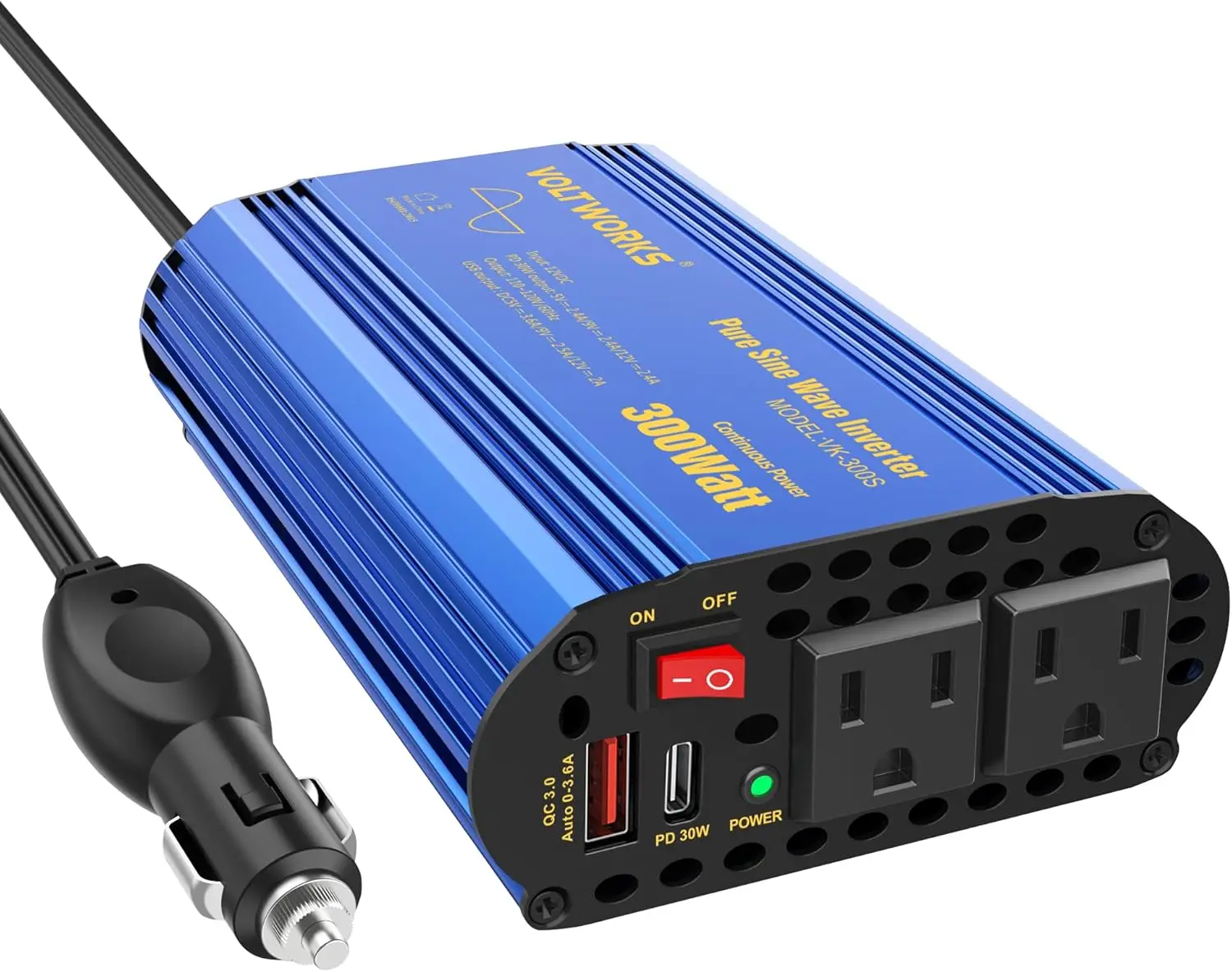 300W Pure Sine Wave Power Inverter for Car Truck RV Adapter DC 12V to AC 110V 120V with USB-C PD30W and QC3.0 USB-A