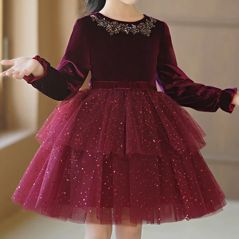 Girls' Autumn/Winter fleece dress dress wine red elegant mesh shaggy dress Christmas style #2213