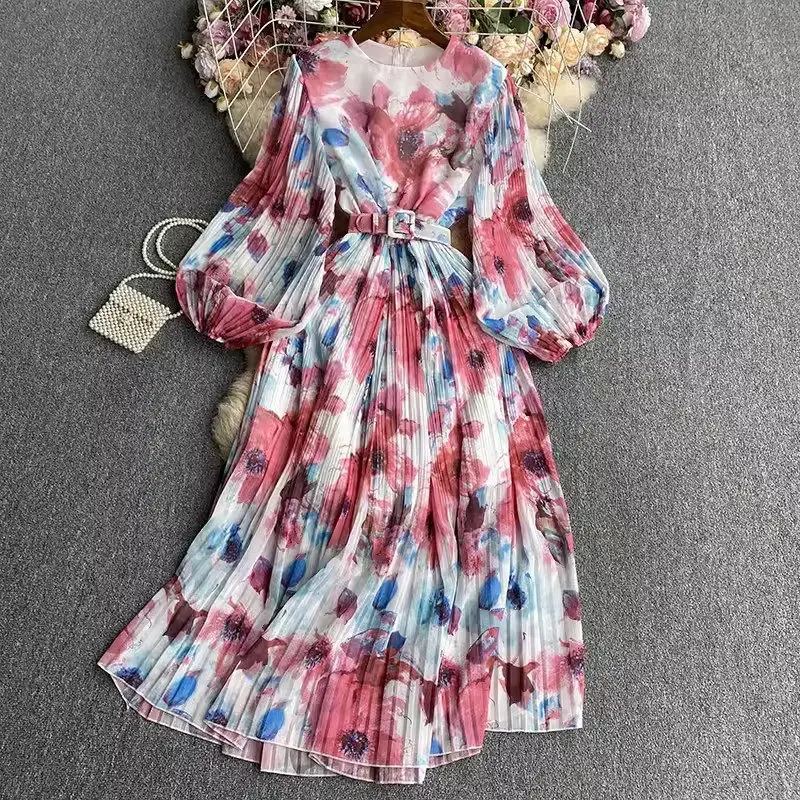 Robe élégante en mousseline de soie à manches longues pour femmes, robe rétro à col rond, mode coréenne, teint floral, Z4922, printemps et automne 2024