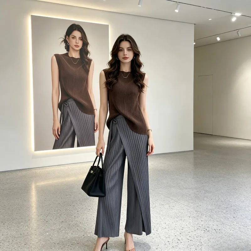 Miyake Pleated Patchwork Pants for Women Loose Fashionable Straight High-Waisted Casual Skirt Pants Versatile Solid Color Pleat